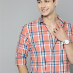 Men Peach-Coloured Tartan Checks Casual Shirt